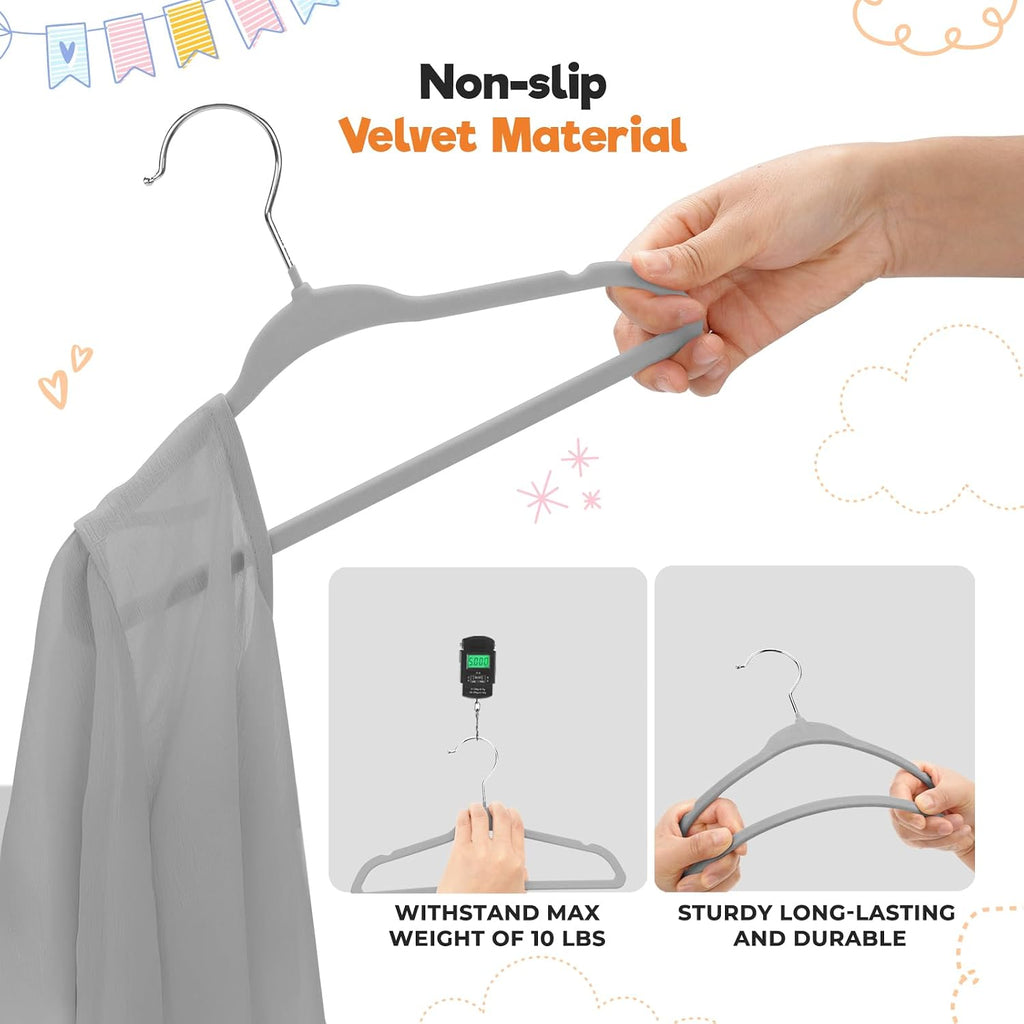 Babyrish Velvet Baby Hangers with 10x Clips and 8X Dividers (30 Pack) | 11” Ultra-Slim Baby Clothes Hangers | Non-Slip Felt | Space-Saving Nursery & Infant Closet Organizer | Gray