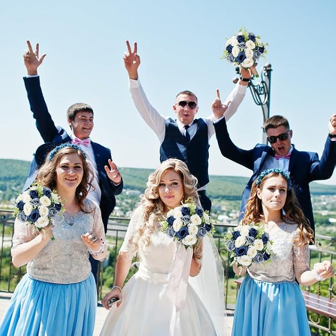 Bridesmaid Bouquets for Wedding - 7 Inch Artificial Flower Bouquet for Party Ceremony Anniversary Dinning Table Centerpieces Decor -Navy Blue & Dusty Blue & White