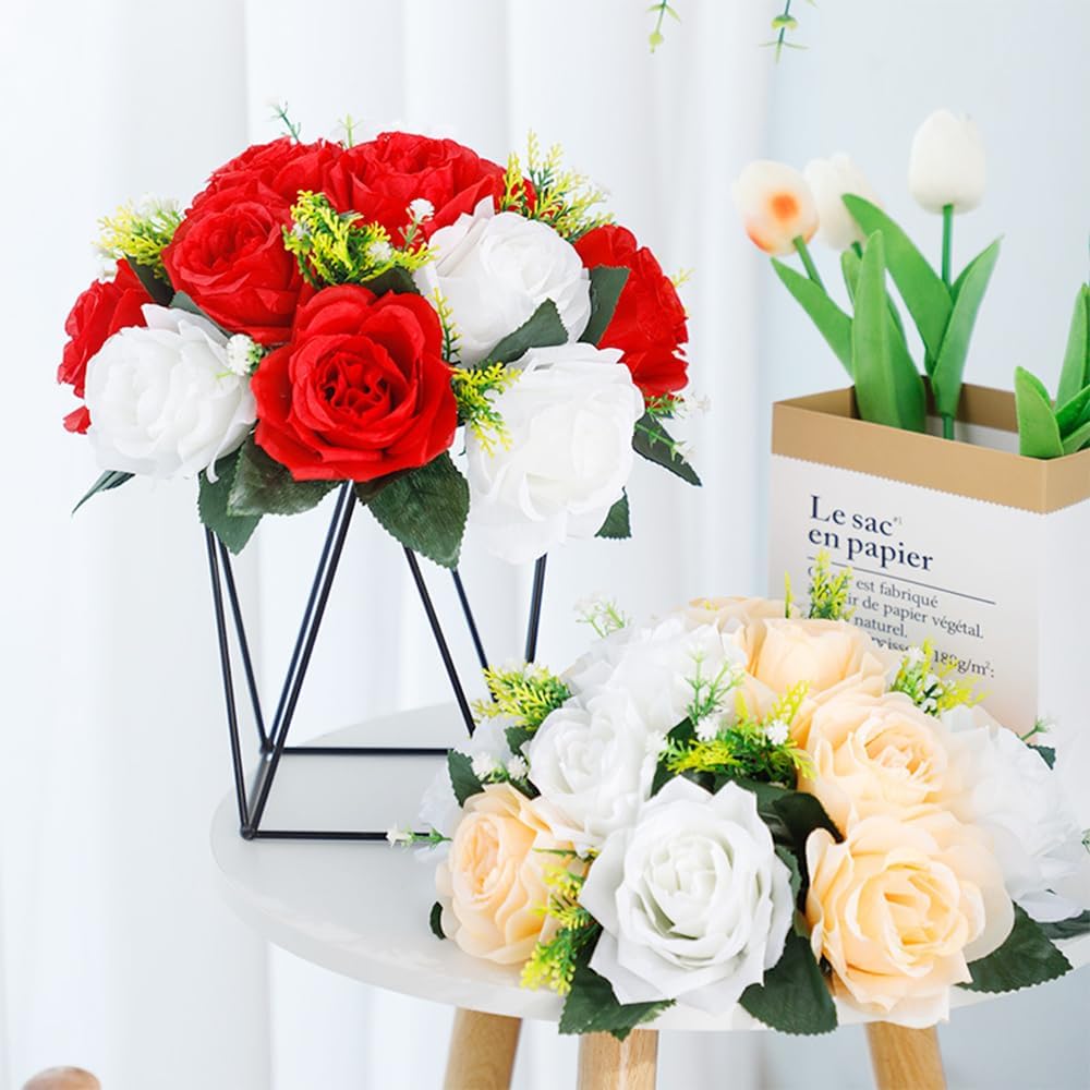 10Pcs Artificial Rose Balls for Centerpieces (Red & White)