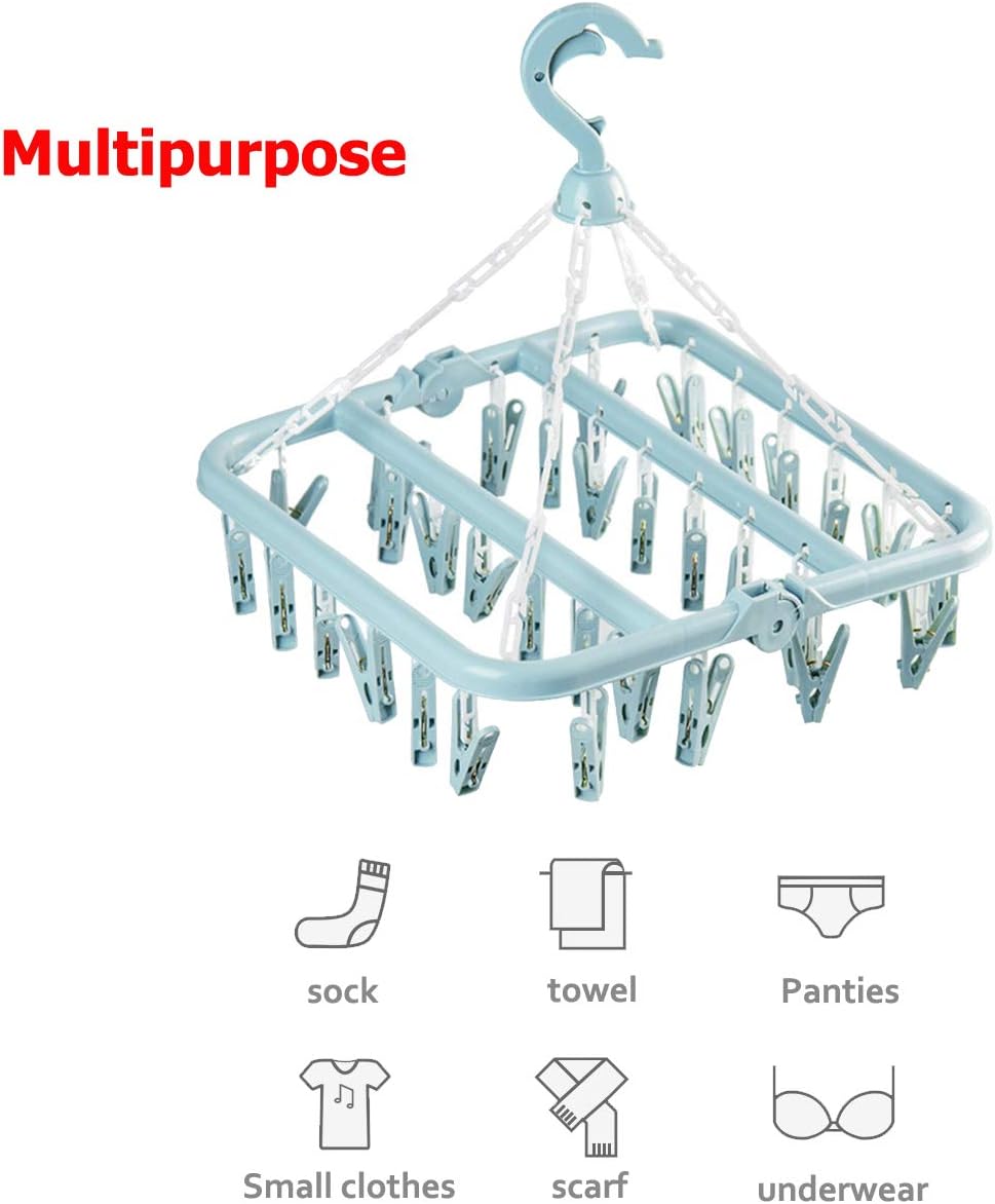 Laundry Hangers with 32 Clips,Clothespin Rack Foldable Laundry Drying Rack Drip Hanger for Drying Socks,Bras,Towel,Underwear,Hat,Scarf,Pants,Baby Clothes,Cloth Diapers,Gloves (Light Blue)