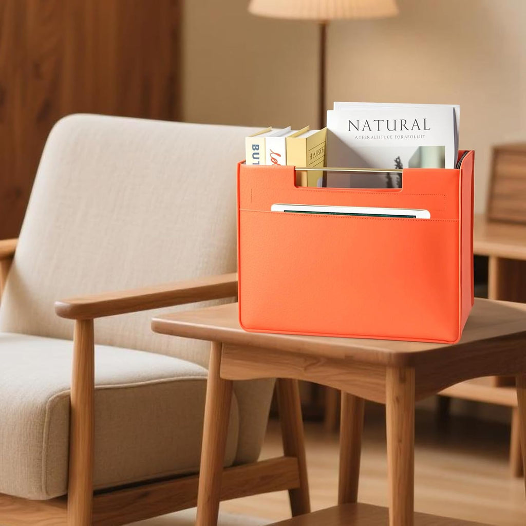Leather Magazine Holder Foldable with Handles，Stable Magazine Rack Floor