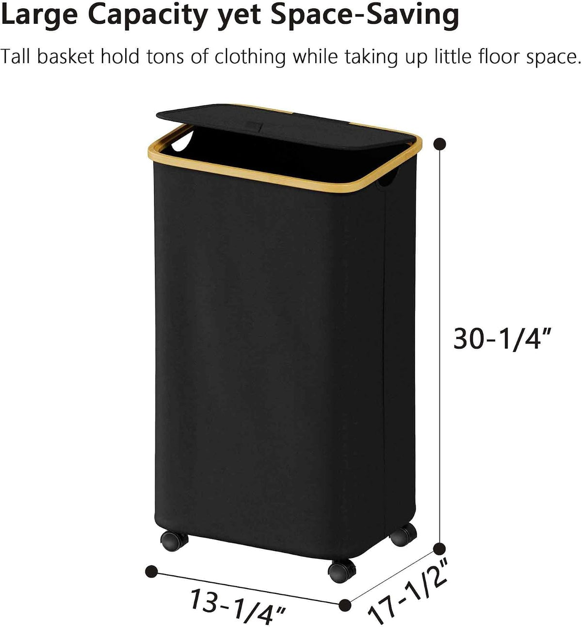 SUOCO Laundry Hamper on Wheels 100L, Clothes Basket with Lid and Bamboo Handles, Foldable Laundry Hamper for Bedroom, Bathroom, Dorm, Laundry Room - Black