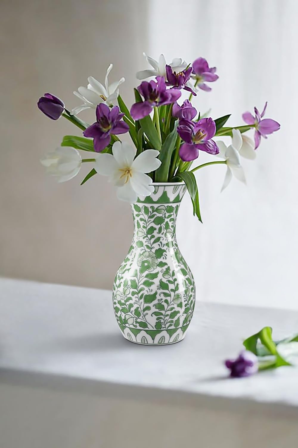 Green and White Ceramic Vase 11" Chinoiserie Flower Vase in Wide Mouth