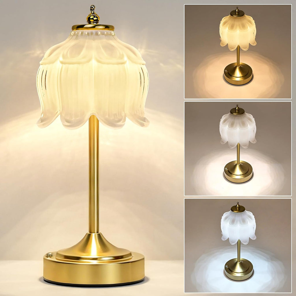 White Glass Flower Lamp, Rechargeable Cordless Table Lamp