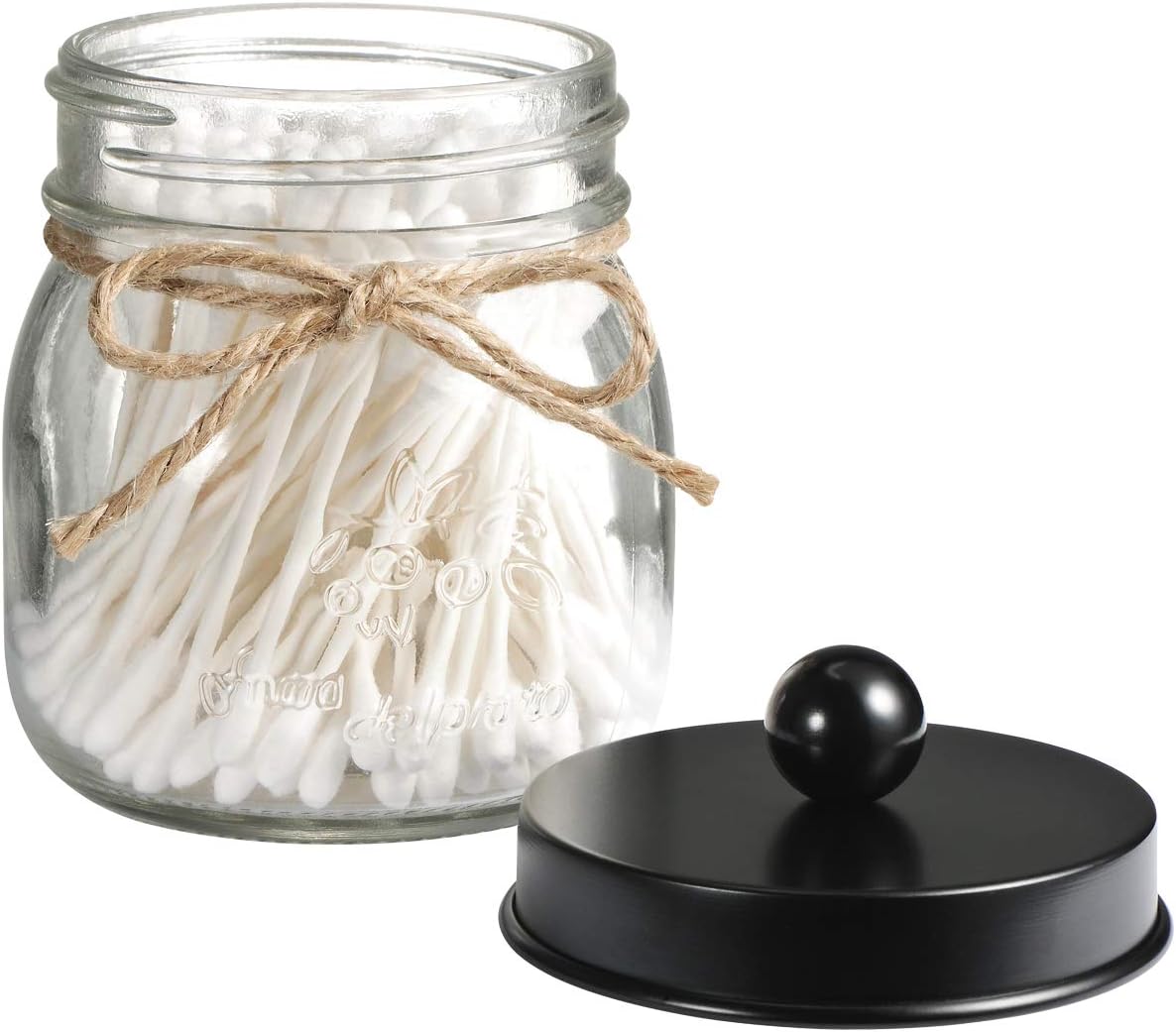 SheeChung Small Glass Mason Jar Qtip Holder with Black Stainless Steel Lid