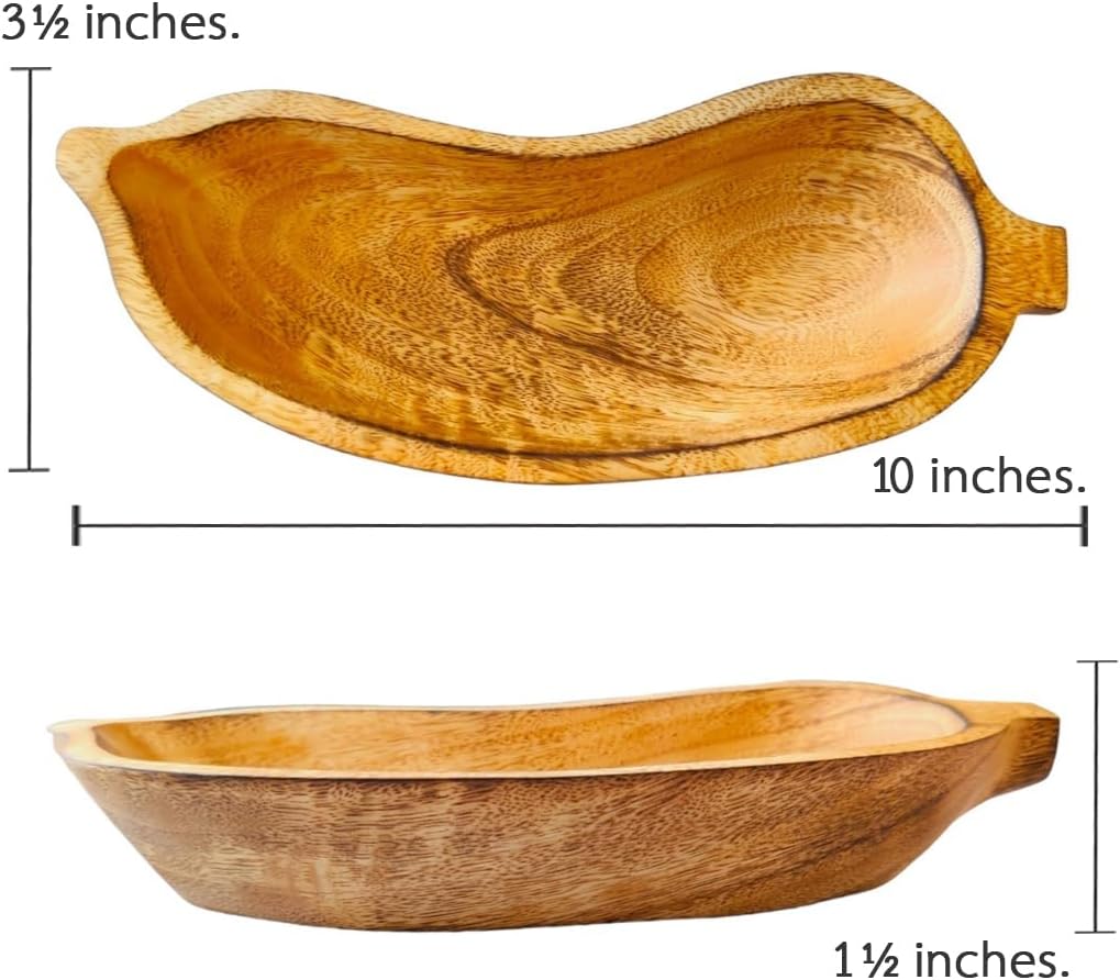 Carved Wood Bowl 10" Long Brown Banana Fruit Shaped Tray Plate - Handcrafted Functional Collectibles Wooden Crockery for Serving Candy Nuts Desserts Fruits Accent Décor Gifts