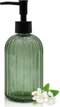 14oz Green Glass Soap Dispenser with Black Pump – Refillable for Hand Soap, Dish Soap, Lotion, Suited for Kitchen, Bathroom & Laundry Room (Olive Green)