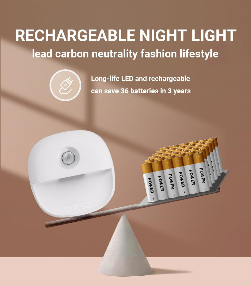 Lyridz Rechargeable Night Light, Motion Sensor Battery Nightlights, Mini Stick-on LED Closet Light, 1-20LM Dimmable Brightness for Bedroom, Kitchen, Washroom, Stairs, Hallway, 3-Pack