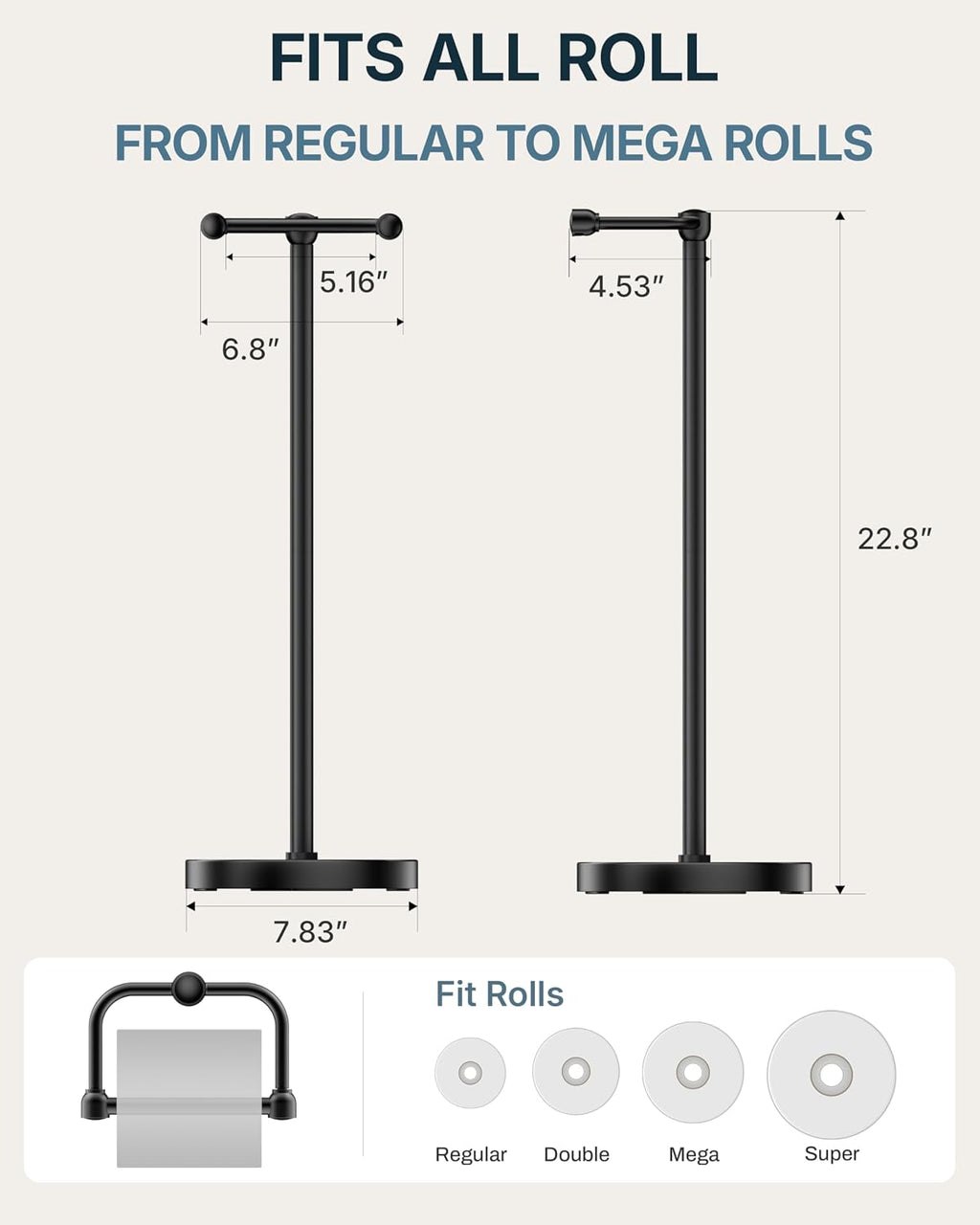RARXTR Toilet Paper Holder Stand, Modern Bathroom Free Standing Toilet Paper Roll Holder, Stainless Steel Tissue Rack, Rust-Proof & Heavy Stable Base (Matte Black)