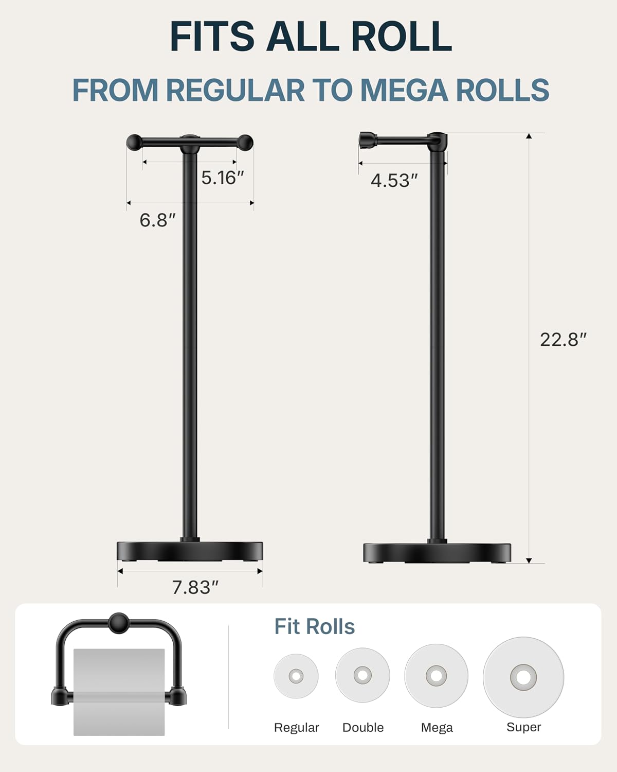 RARXTR Toilet Paper Holder Stand, Modern Bathroom Free Standing Toilet Paper Roll Holder, Stainless Steel Tissue Rack, Rust-Proof & Heavy Stable Base (Matte Black)