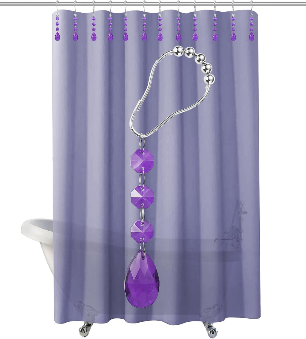 Shower Curtain Hooks Rings for Bathroom, 12PCS Gemstone Crystal Bead Water Drop Stainless Steel Rust Resistant Clear Shower Curtain Rings (Purple)