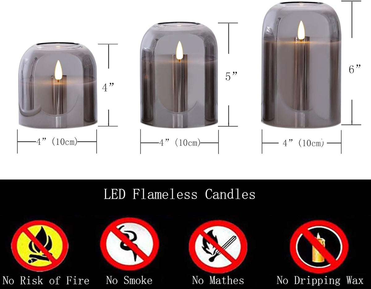 volnyus Grey Glass Flameless Candles with Remote Set of 3 Battery Operated Flickering LED Pillar Candles Real Wax Wick Φ 4" H 4" 5" 6", Gray
