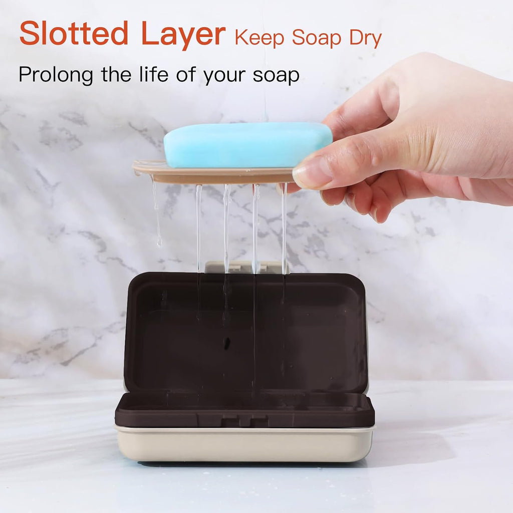 Quatish Leakproof Bar Soap Holder Dish with Lid for Shower, Portable 1 Pack Travel Soap Case Box for Gym, Camping, Hiking, Outdoor Use, Travel Size Toiletries Essentials, Keeps Soap Dry, Brown