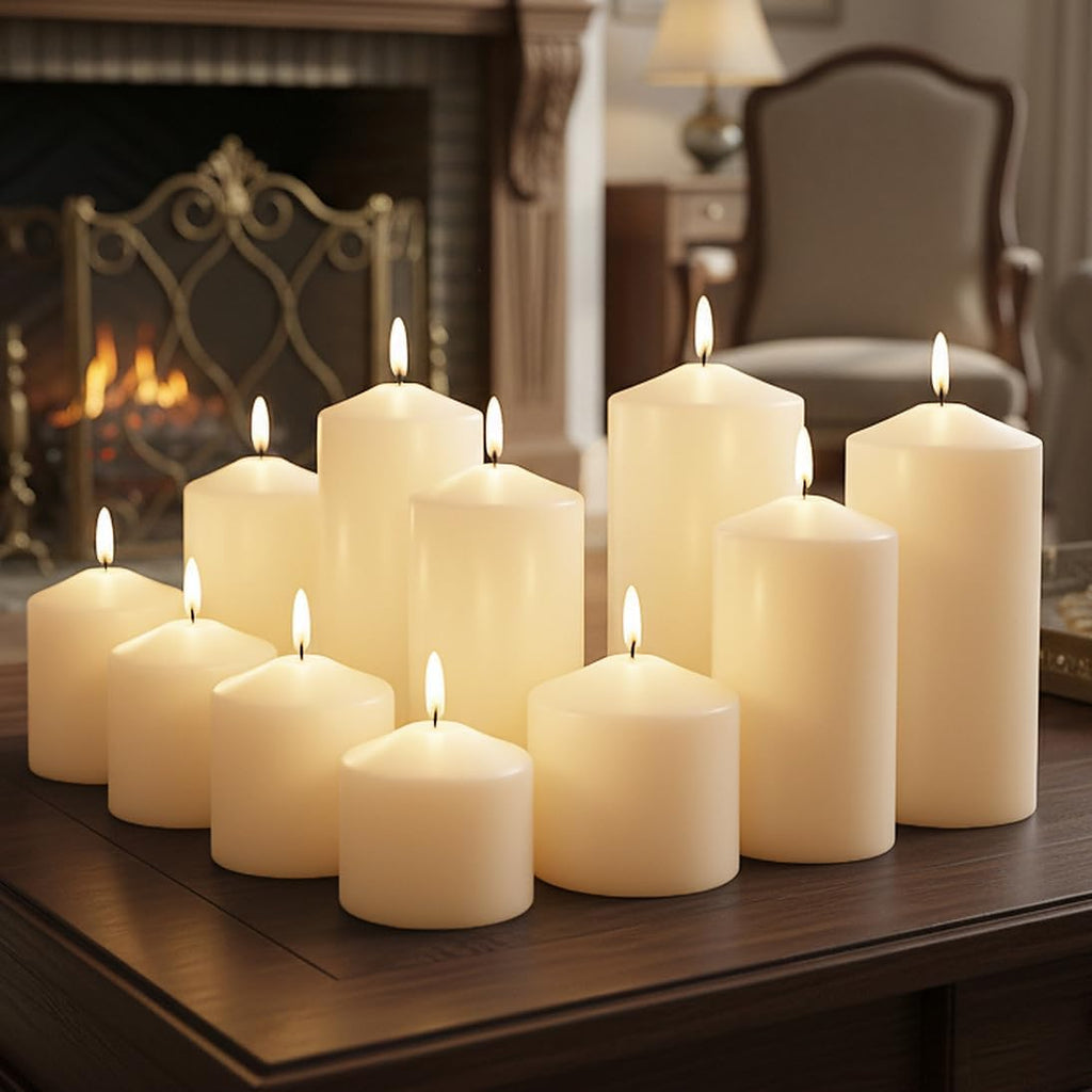 12 Pack Ivory Pillar Candles Bulk Set, 3x3 3x6 3x8 Inch - 4 Each Size, Dripless Smokeless Clean Burning for Wedding Centerpieces, Home Decor, Church, Romantic Ambiance！