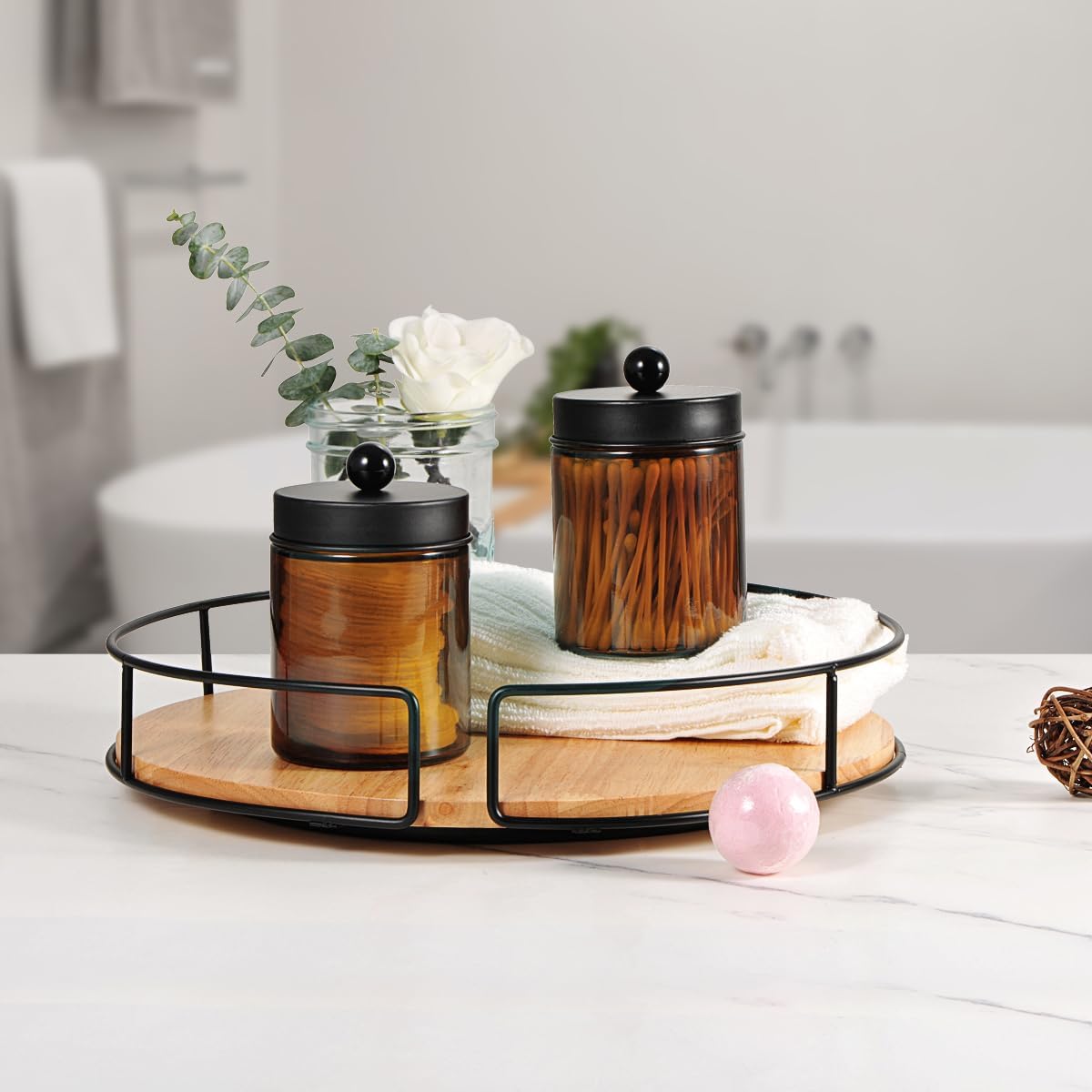 Amolliar Amber Glass Apothecary Jars Qtip Holder w/Metal Lids,Black 4pc
