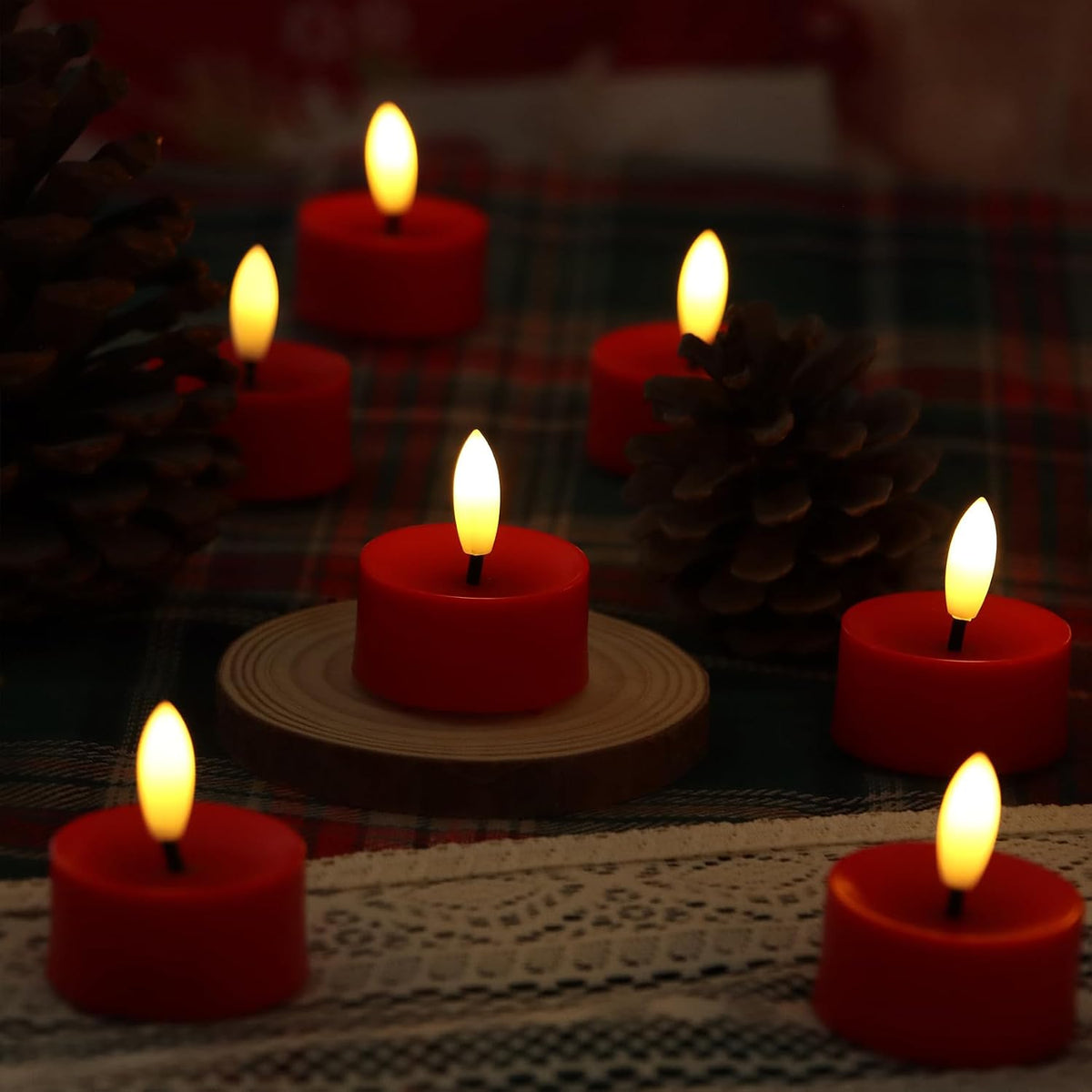 12 Pack Red Flameless Tealight Candles Battery Operated Tea Lights, Realistic Flickering Fake LED Tealights Candles, 3D Wick LED Tea Lights for Christmas, Festival, Party, Home Decor
