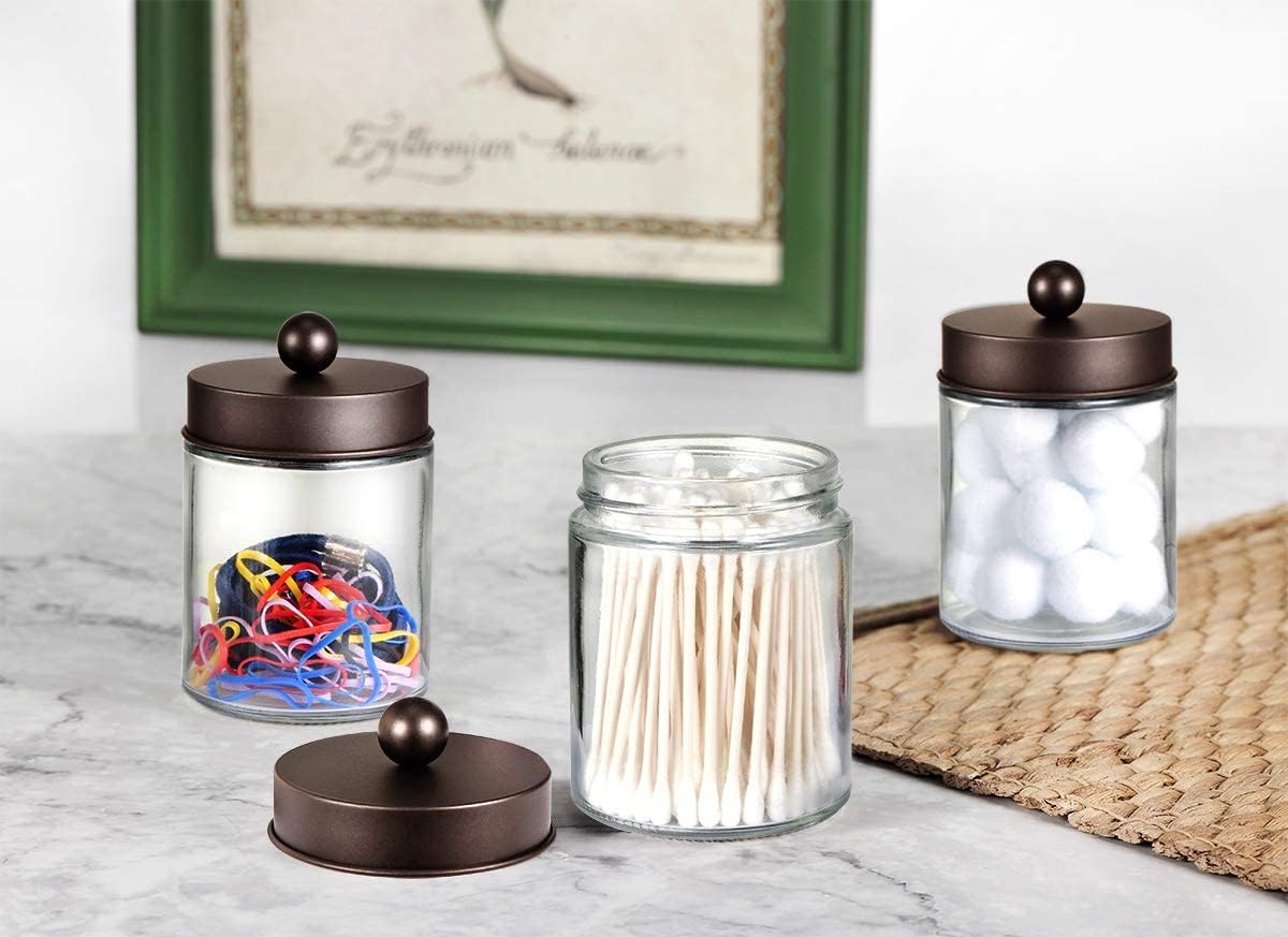 Amolliar Glass Apothecary Jar Qtip Holder w/Metal Lid, Bronze