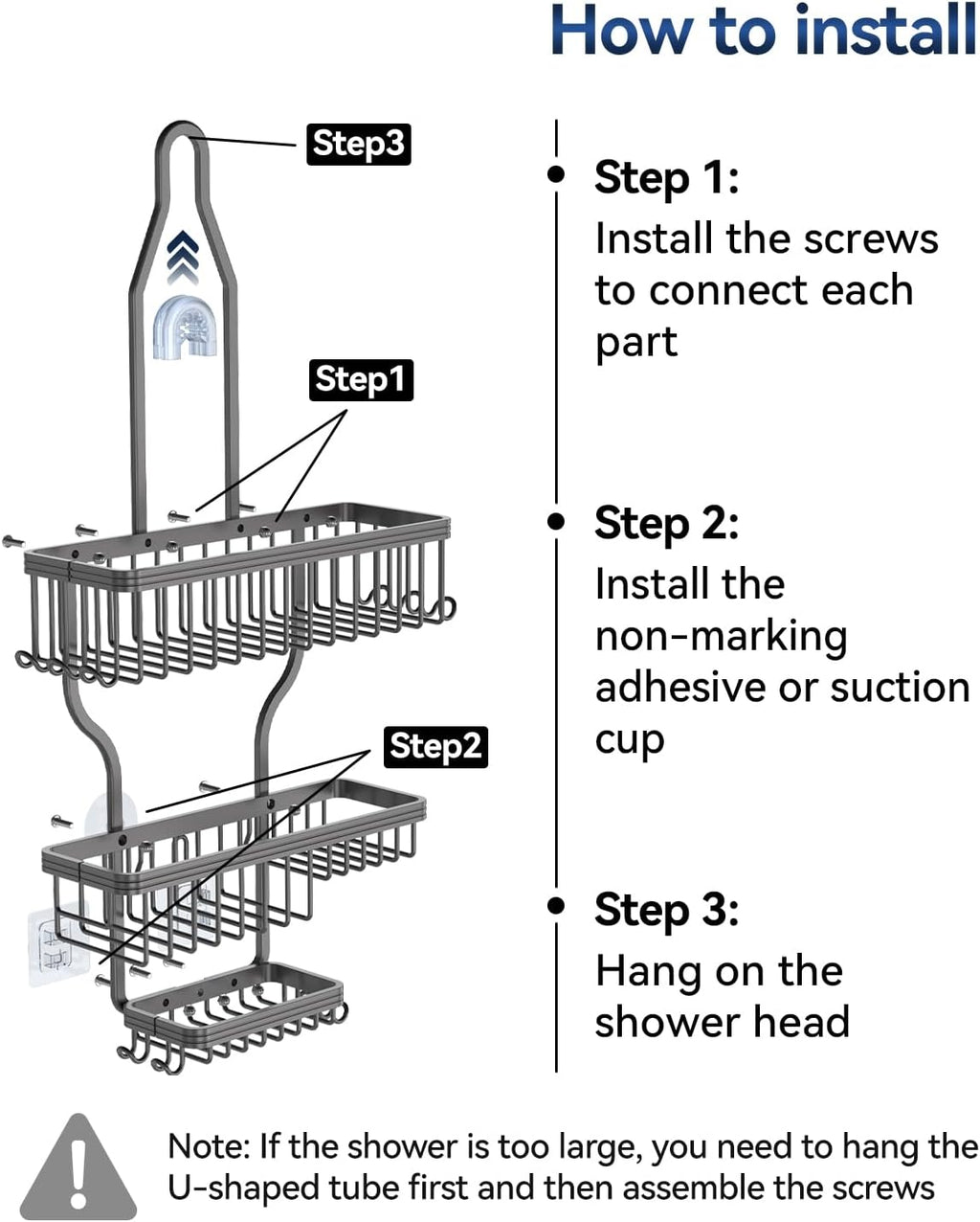 YASONIC Never Rust Shower Caddy Hanging, Aluminum Shower Racks for Inside Shower, 3-Tier Shower Organizer Hanging Over Shower Head with Hooks and Soap Holder, Grey
