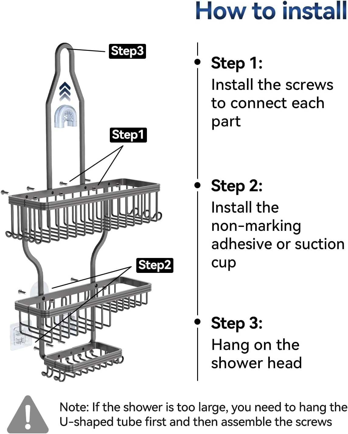 YASONIC Never Rust Shower Caddy Hanging, Aluminum Shower Racks for Inside Shower, 3-Tier Shower Organizer Hanging Over Shower Head with Hooks and Soap Holder, Grey