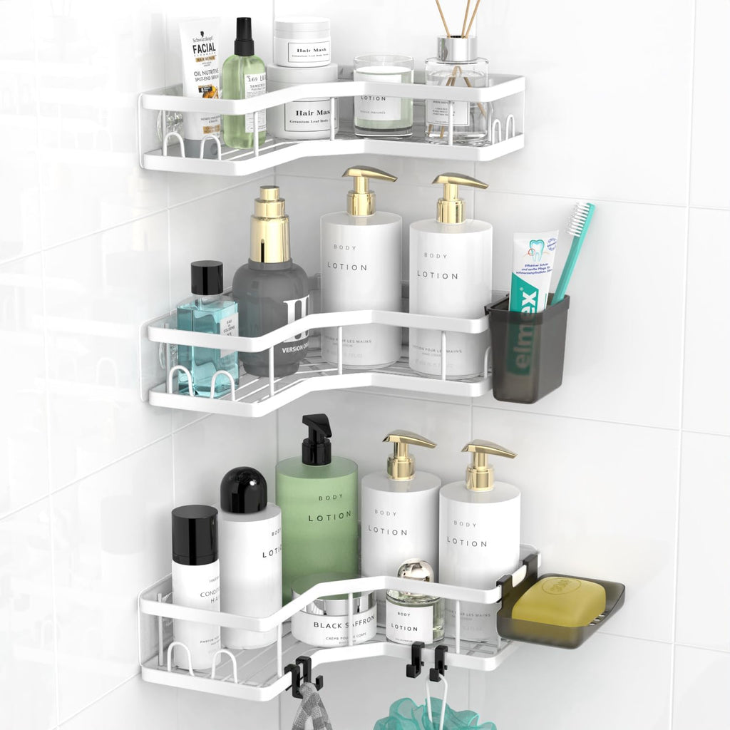 AKTECKE Corner Shower Caddy Bathroom Organizer Adhesive Shower Rack Bathtub Shelves- 3Pack No Drilling Shower Shelf For Inside Shower - Rustproof Bath Tub Organizer Caddy