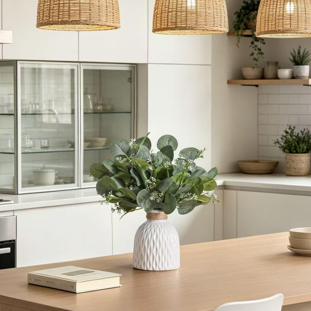 Fake Eucalyptus Plants 20 Stems in Ceramic Vase for Indoor Home Decor