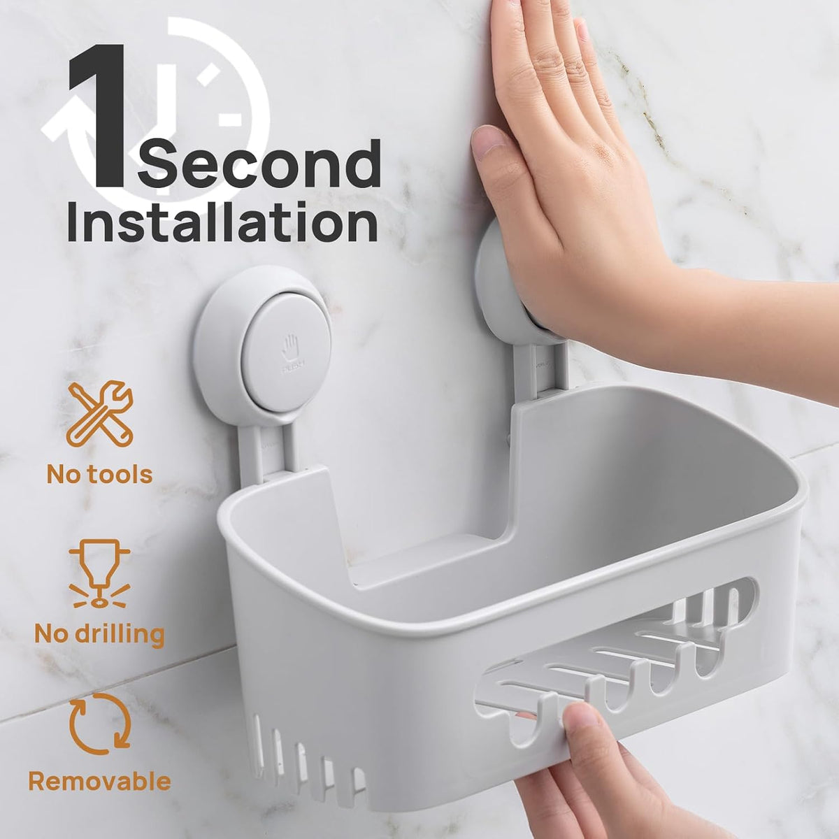LEVERLOC Shower Caddy Suction Cup, Bathroom Shower Organizer, Grey