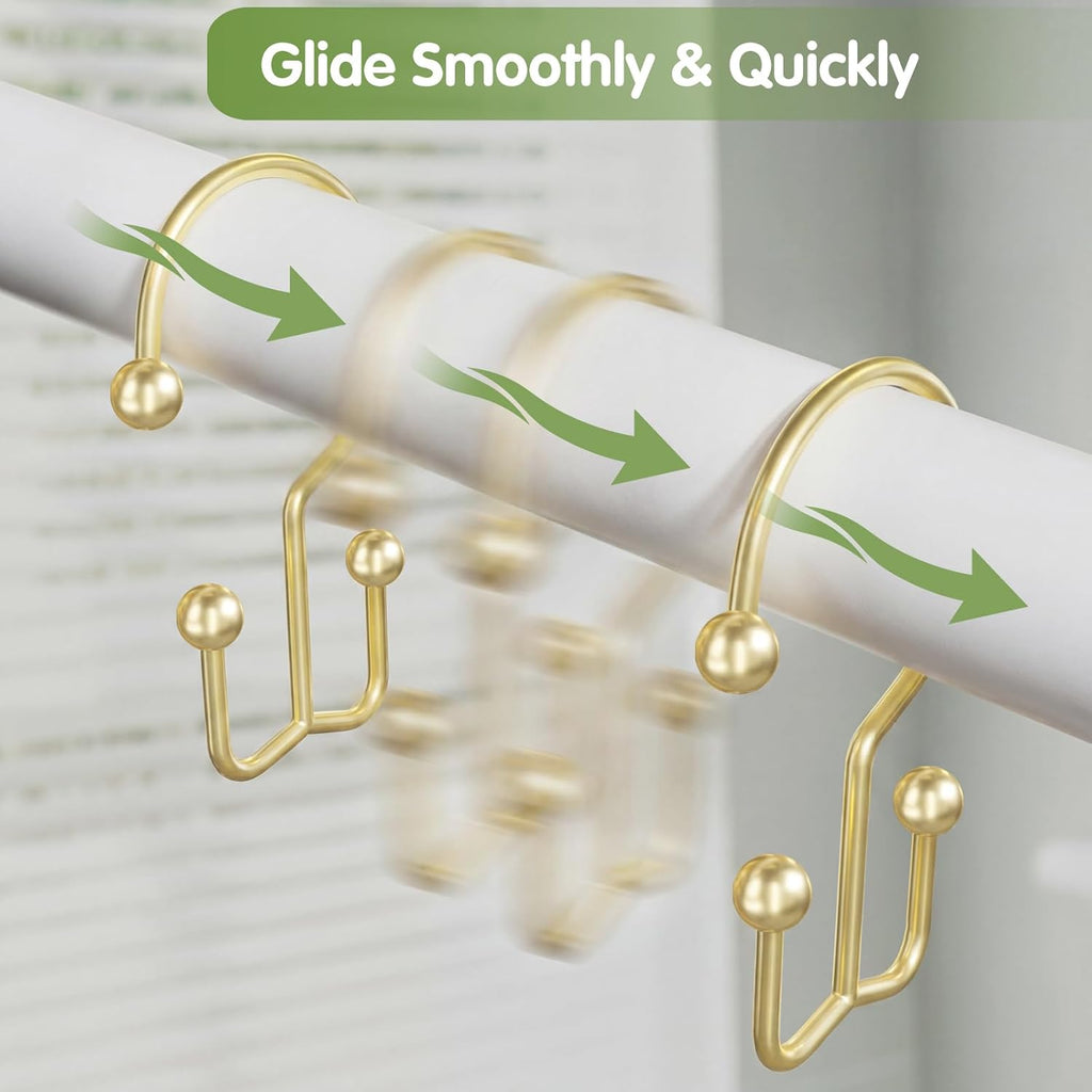 OEH Shower Curtain Hooks, Metal Shower Curtain Rings, Gold Shower Curtain Hooks Rust Proof, Double Shower Rings for Curtain, Easy Install Anti-Drop Shower Hooks for Shower Curtain (Gold, 12 Pack)