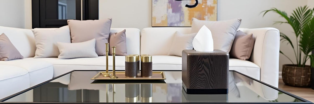 Hymmah Wooden Texture Square Tissue Box Cover Cube Tissue Holder Unique Design Klenex Box Dispenser for Bathroom Vanity Counter Tops Also Great for Bedrooms and Living Rooms