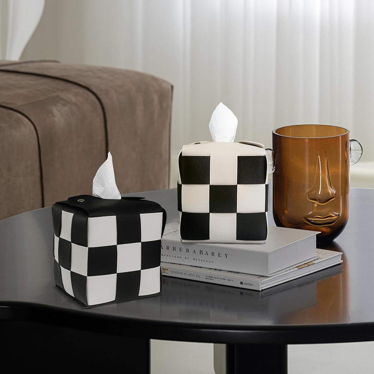 MSJGA Tissue Box Cover, Square PU Leather Tissue Box Holder with Metal Buckle, Checkered Tissue Box, Decorative Organizer for Bedroom, Vanity Desk, Nightstand, Bathroom, Office (Black)