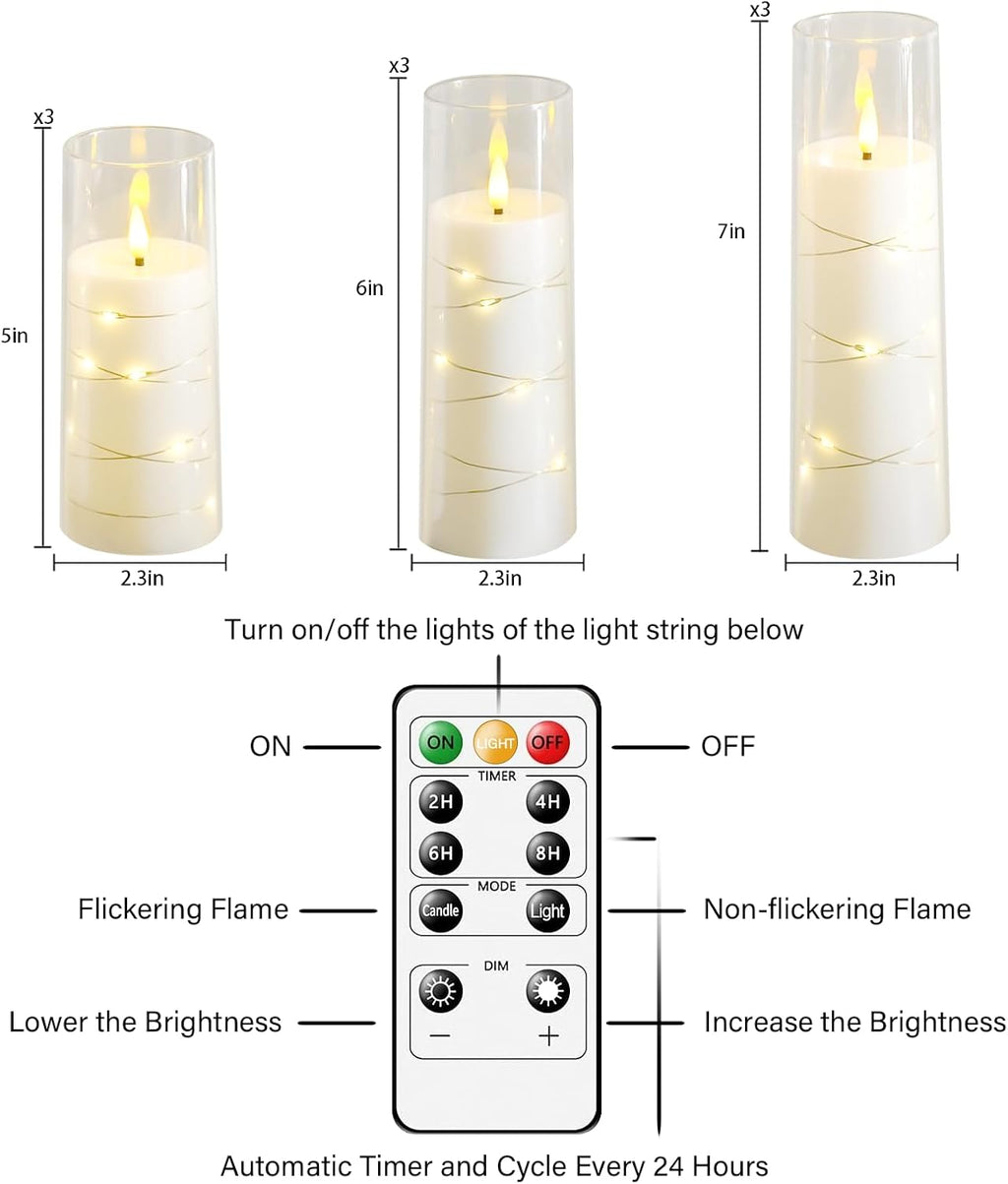 Nimiko Flickering Flameless LED Candles, 9 Pcs with Embedded Star String, Acrylic LED Pillar Candles with Remote, Suitable for Home Decoration (White)