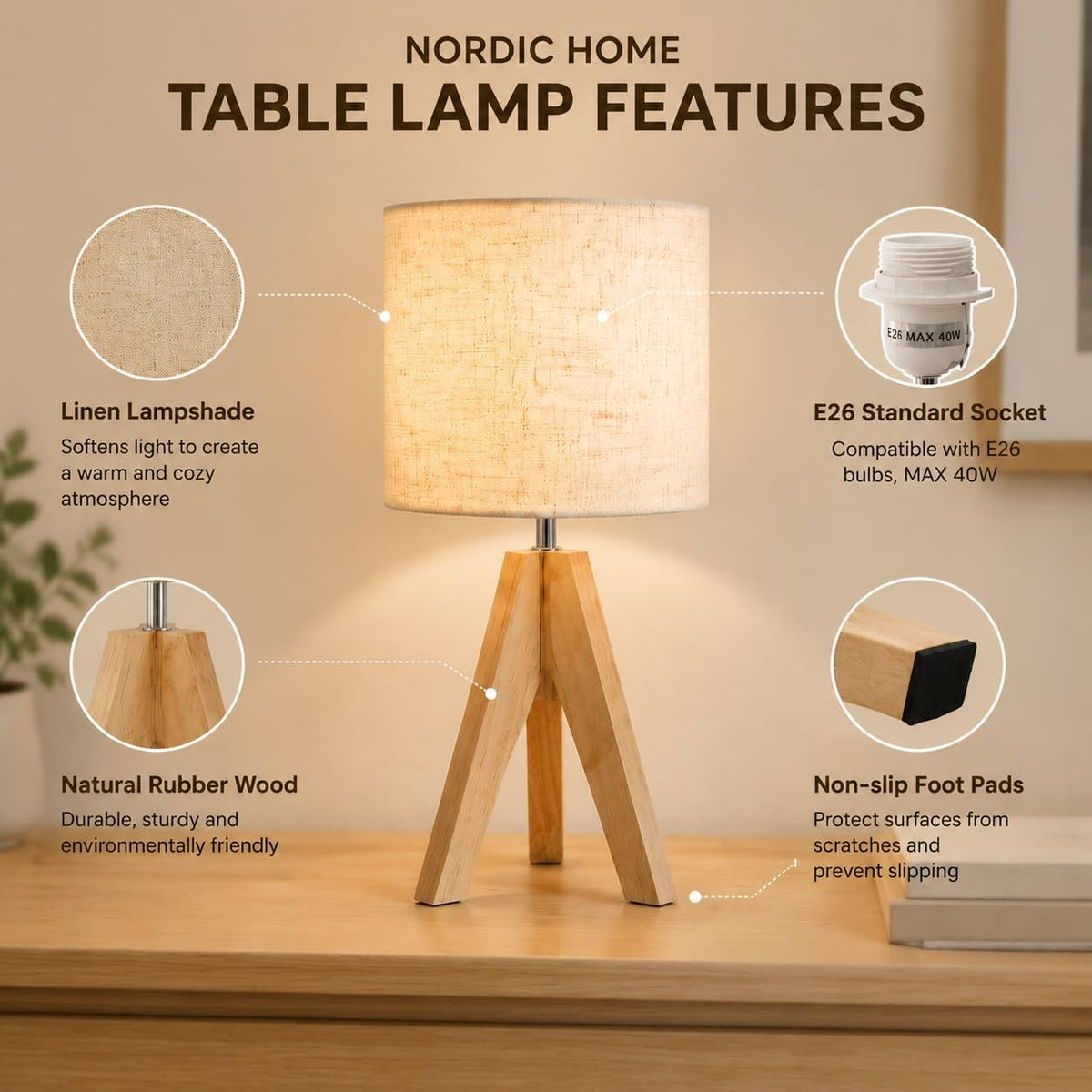 Tripod Table Lamp Small: 2 Pack Wooden Nightstand Lamp with E26 Socket
