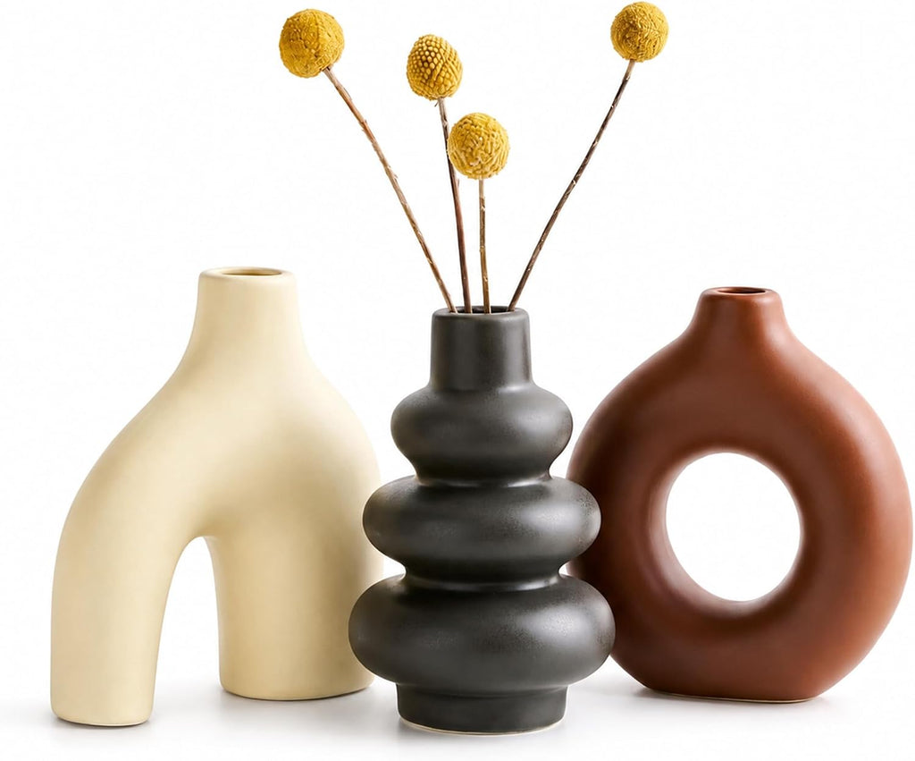 Boho Ceramic Vase Set of 3, Rustic Flower Vases for Pampas Grass