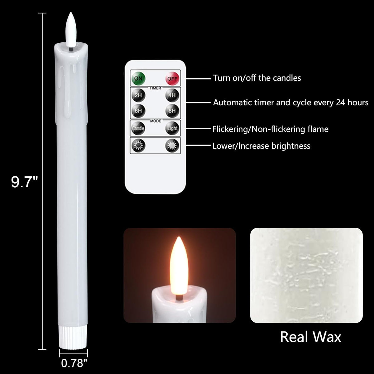 Rechargeable Flameless Taper Candles with Charging Base, White