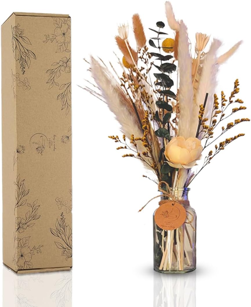 Homey Breeze Natural Dried Pampas Grass Decor with Vase - 15 Inches 23 Pcs 10 Styles, Pampas Grass with Vase Included - Small Pampas Grass for Home Decor, Wedding, Party, Birthday