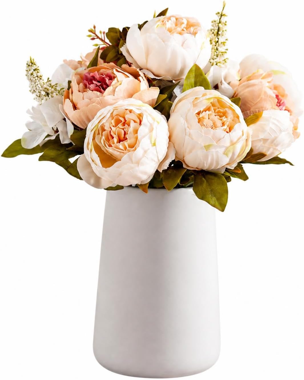 Queen Bee Silk Peony Bouquet with Ceramic Vase Included Large Size 14" Wedding Centerpiece Events Birthday Gift Bridal Baby Shower Floral Arrangement Artificial Fake Flowers (Champagne)
