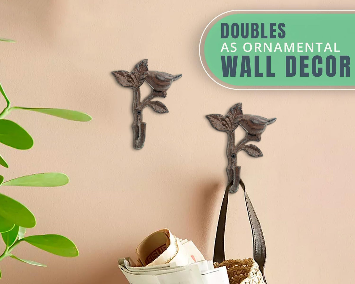 Comfify Rust Brown Bird on a Branch Cast Iron Wall Hook – Screws Included