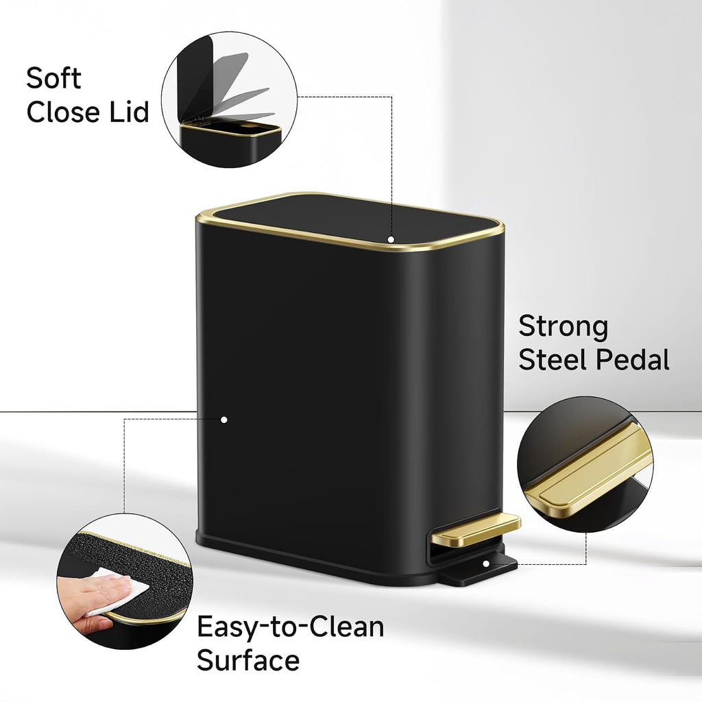 TIPGO Small Bathroom Trash Can with Lid, 5 Liters / 1.3 Gal, Black