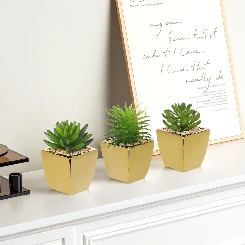 Hollyone Small Succulents Artificial 3 Pcs Faux Succulents with Gold Pots Mini Fake Succulent Plants Indoor Plant Ceramic Pots for Modern Office Desk Bathroom Shelf Living Room Home Decor