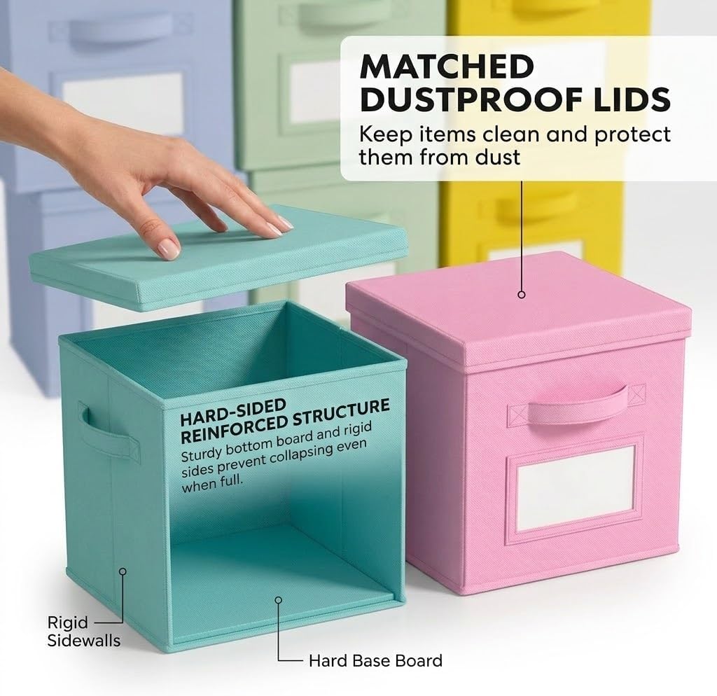 SUREMAX 11 Inch Cube Storage Organizer Bins with Lids, Labels, 6-Packs