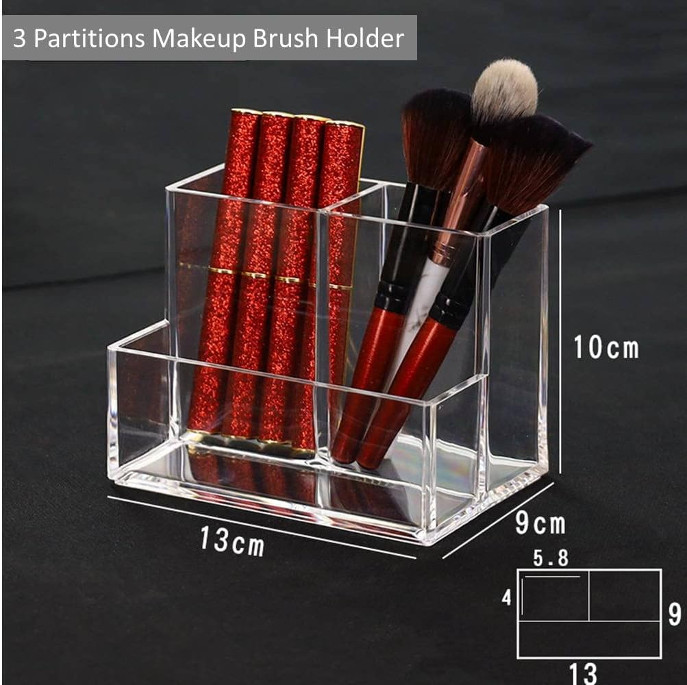Acrylic Makeup Organizer Cosmetic Storage Makeup Display Case Makeup Brush Holder Lipstick Dispenser Canister Bathroom Container (5.1 x 3.5 x 3.9 in, 3 Partitions, Transparent)