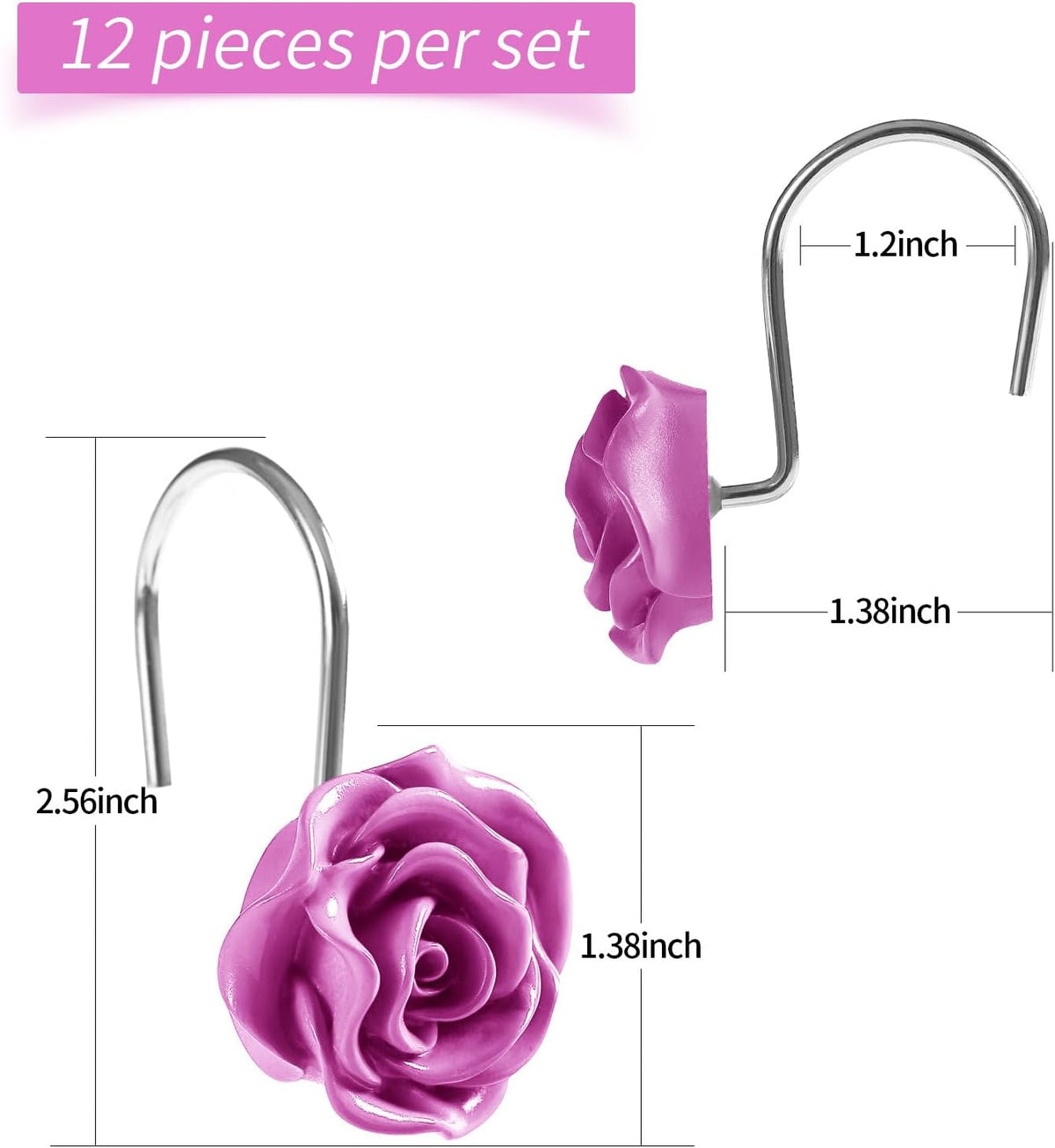 Cute Rose Floral Shower Curtain Hooks Rings for Bathroom,Burgundy 12PCS