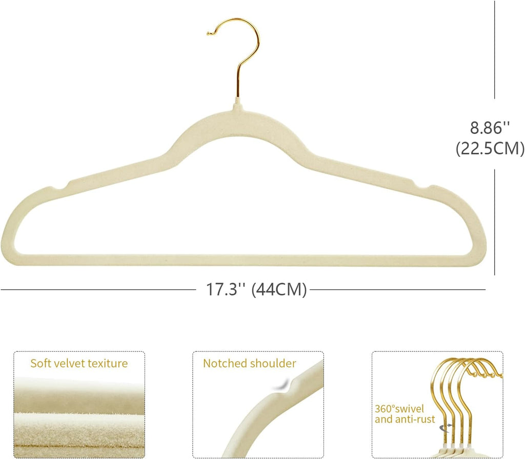 ManGotree Velvet Coat Hangers with 360° Swivel Gold Hook 36 Pack Beige