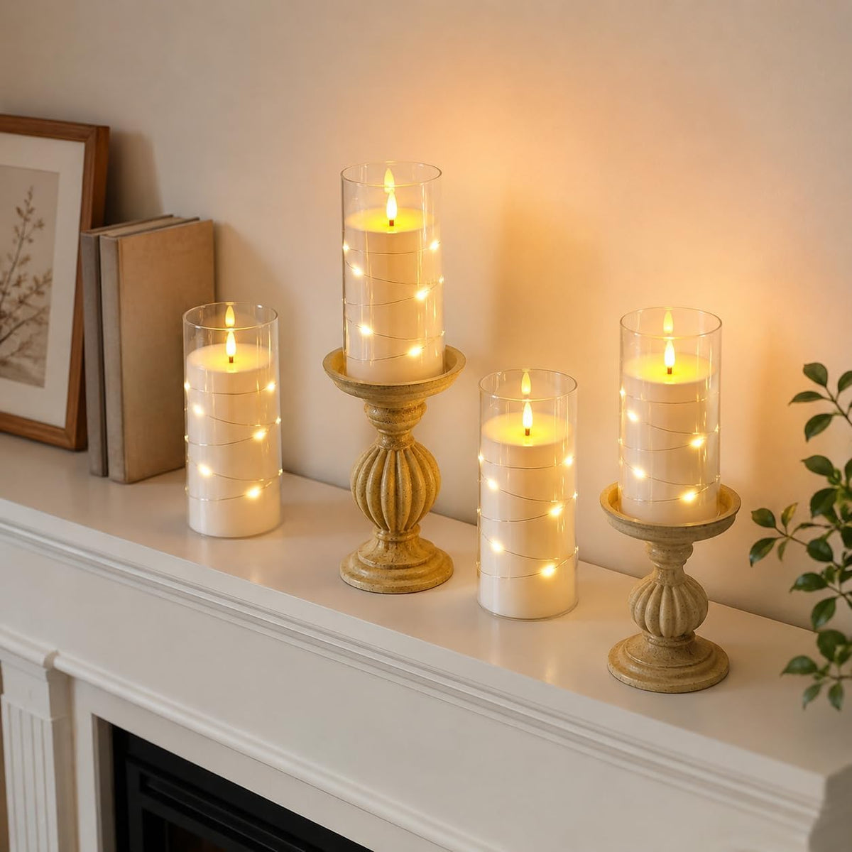 Flickering Flameless Candles with Remote Timer, 6pcs LED Battery Operated Candles with Embedded String Lights White, D3 H6