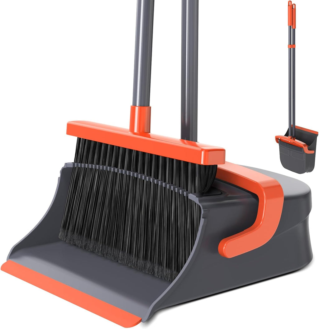 Broom with Dustpan Set for Pet Hair & Dust Cleanup, Orange & Gray