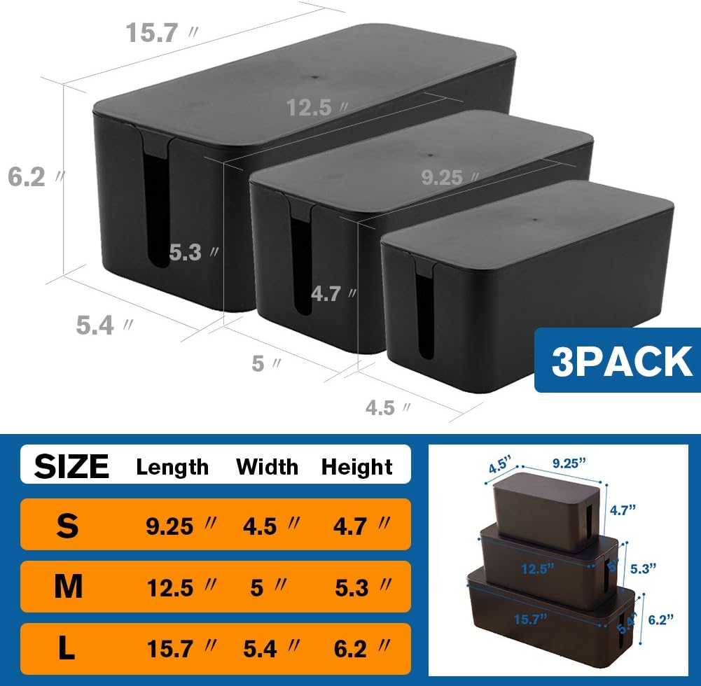 ShellKingdom Cable Management Box, 3 Pack Cable Organizer for Cable Cord Management, Storage and Holder to Cover and Hide & Power Strips & Cords (Black 3 Set)