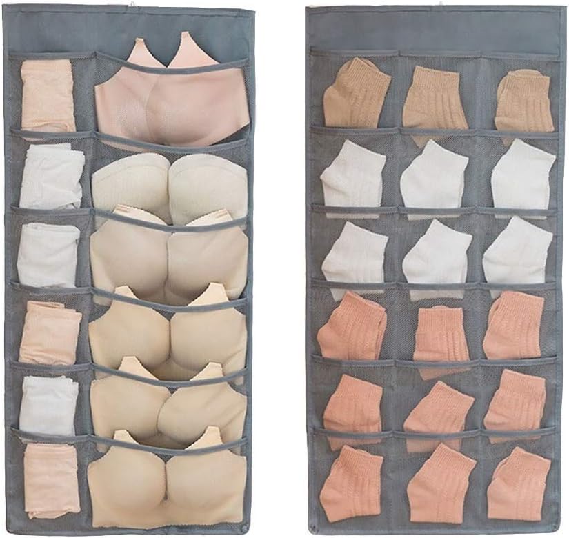 Closet Hanging Organizer with Mesh Pockets & Rotating Metal Hanger,Dual Sided Wall Shelf Wardrobe Storage Bags,Oxford Cloth Space Saver Bag for Bra Underwear Underpants Socks (gray)