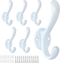 6 Pack Coat Hooks Wall Mount Heavy Duty Utility Retro Double Hooks for Hanging Coats,Hat, Towel, Key, Robe, Scarf, Bag, Cap (White)