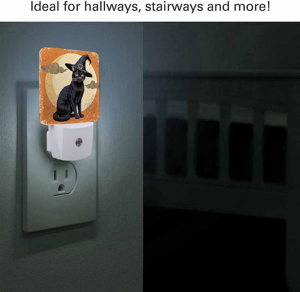 LED Night Light,Halloween Black Cat Silhouette LED Night Light Plug into Wall with Dusk to Dawn Light Sensor White Energy Efficient Nightlight for Bedroom Bathroom Hallway Living Room Kitchen