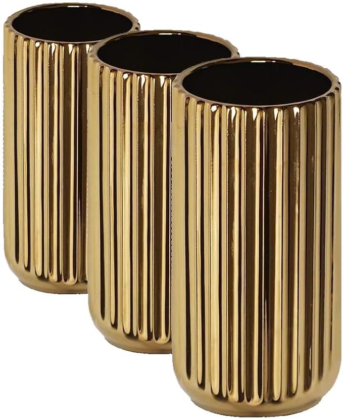 7 Inch Gold Ceramic Vase - Flower Vase for Table Centerpieces - Modern Home Decor - Gifts for Friends and Family, Christmas, Wedding, Baby Shower (Pack of 3)