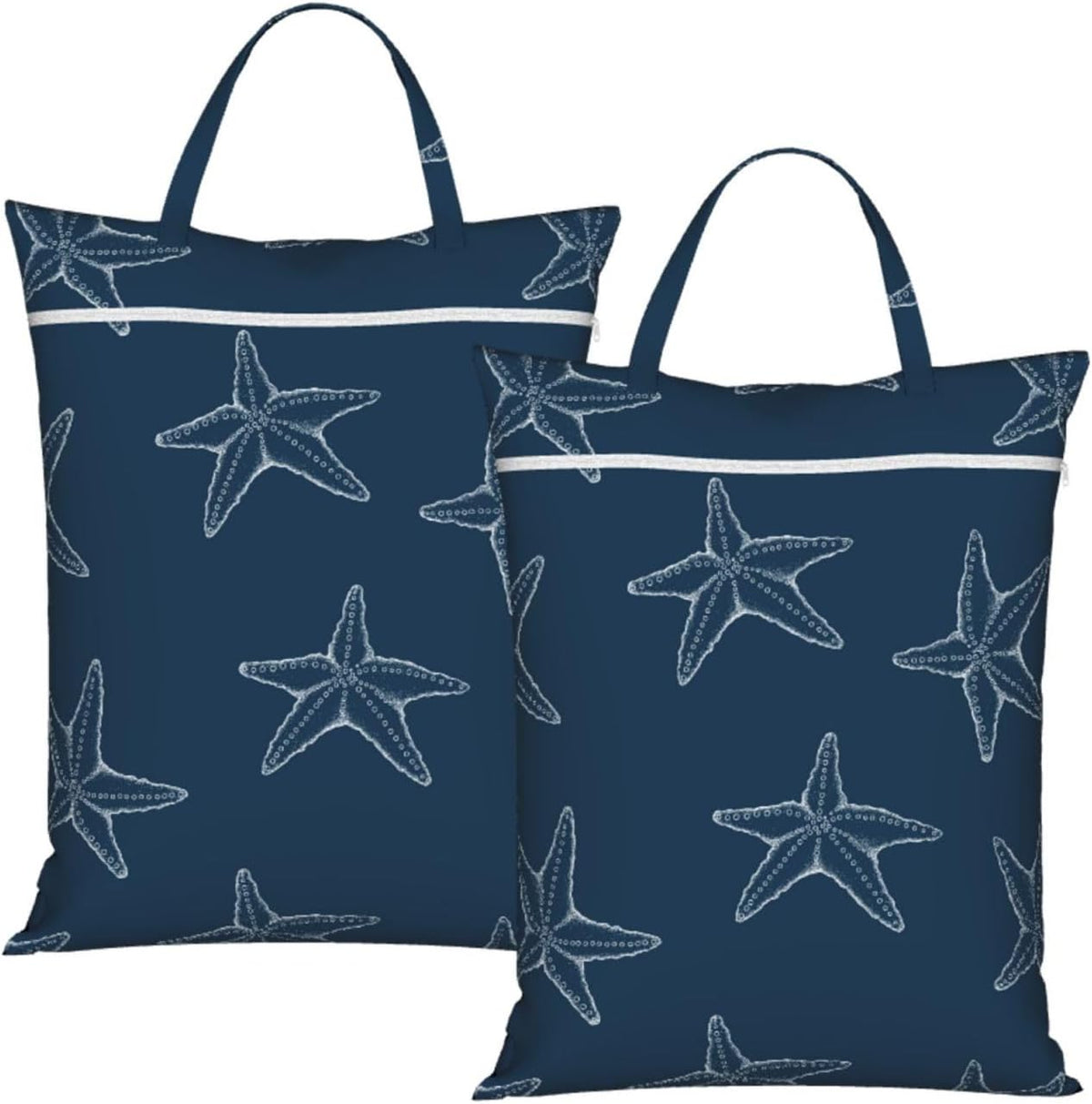 "ocean starfish navy blue beach 2-Pack Travel Laundry Bags for Dirty Clothes- Large Waterproof Laundry Tote, Wet & Dry Use, Reusable Foldable Carry Handles for Vacation, Gym & Dorm"